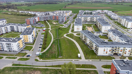 Wroclaw, Poland: aerial view, general landscape with new residential area. Buildings in different colours and styles.