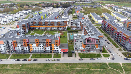 Wroclaw, Poland: aerial view, general landscape with new residential area. Buildings in different colours and styles.