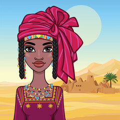 Animation portrait of a young African woman in a turban and ethnic jewelry. Background - landscape desert, ancient house, palm trees.  Vector illustration.