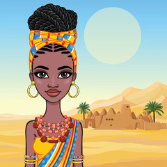 Beautiful animation African princess in ancient clothes and a turban. Background - landscape desert, mountains, trees. Vector illustration.