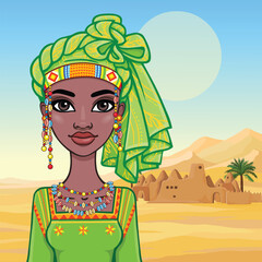 Animation portrait of a young African woman in a green turban and ethnic jewelry. Background - landscape desert, ancient house, palm trees.  Vector illustration.