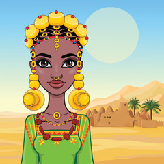 Animation portrait of a young African woman in a   ethnic jewelry. Background - landscape desert, ancient house, palm trees.  Vector illustration.
