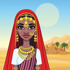 African beauty: animation portrait of beautiful black woman in a traditional ethnic jewelry. Princess, Bride, Goddess. Background - desert barkhans, palace silhouette. Vector illustration.