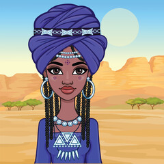 Beautiful animation African princess in ancient clothes and a turban. ackground - landscape desert, canyon, trees. Vector illustration.