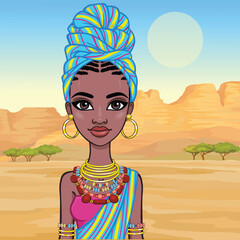Beautiful animation African princess in a turban and ancient clothes. Background - landscape desert, canyon, trees. Vector illustration.