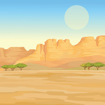 Decorative landscape - African desert. Old mountains, canyon. Place for text or character. Vector illustration. 