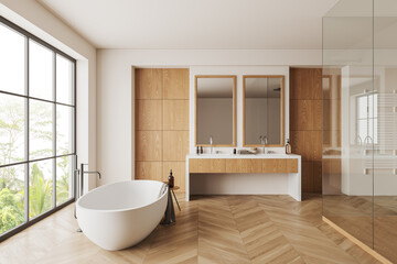 Fototapeta na wymiar White and wooden bathroom interior with double sink and tub