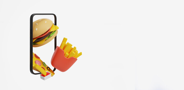 Mock up phone display with pizza, fries and burger, fast food delivery