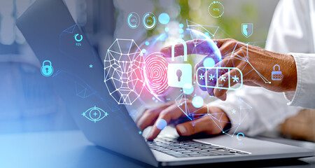 Businessman finger touch biometric scanning hologram, security and data access