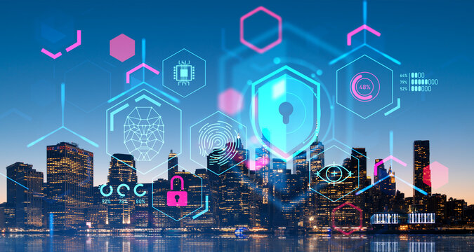 New York and cybersecurity with data protection, biometric scanner and lock icon - Powered by Adobe
