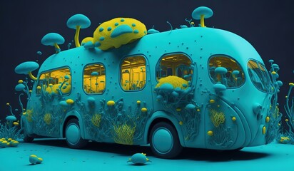 Bus in the night surrounded by mushrooms. Fairy tale bus in a blue light color. Generative A.I