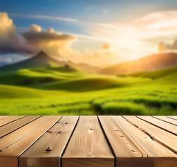Beautiful spring green meadow background with empty wooden table for product display, nature blurred background, copy space14_2