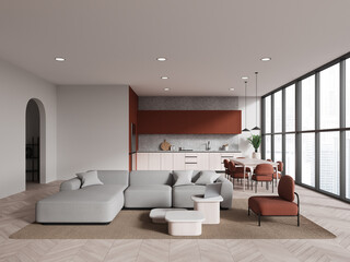 Modern studio flat interior with relax and cooking area, panoramic window