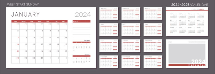 2024 - 2025 Calendar Planner Template. Vector layout of a wall or desk simple calendar with week start sunday. Set of monthly, annual and cover page calendar in minimalist corporate design for print.