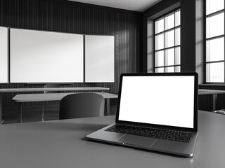 Dark wooden classroom interior with table in row and mockup laptop display