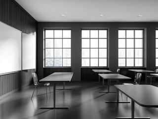 Gray school classroom interior with whiteboard, side view