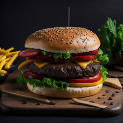 Big double beef burger on the wooden board, food photography and illustration