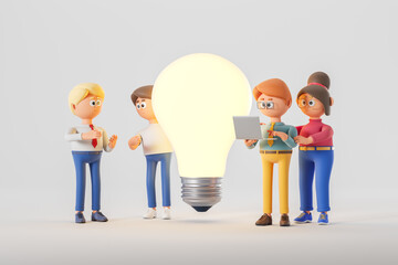 3d rendering. Cartoon teamwork working in laptop, big lightbulb