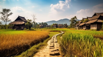 Fototapeta na wymiar Ancient Asian village with paddy fields. Generative AI