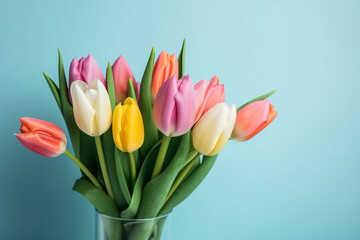 A colorful bouquet of tulips on blue background, Generative AI