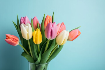 Fototapeta premium A colorful bouquet of tulips on blue background, Generative AI