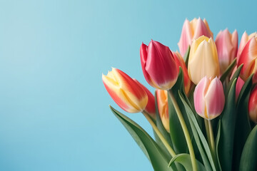 A colorful bouquet of tulips on blue background, Generative AI