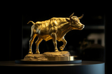 A golden bull on a pedestal, Generative AI