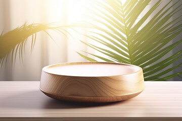 Beautiful wood grain round wood podium dish in sunlight, tropical palm leaf shadow on white table countertop, wall for nature luxury organic cosmetic, skincare, beauty treatment, Generative AI
