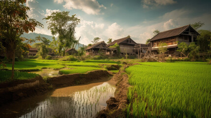 Fototapeta na wymiar Ancient Asian village with paddy fields. Generative AI