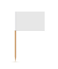 White flag on wooden toothpick. Rectangle paper topper for cake or other food isolated on white background. Blank mockup for advertising and promotions, location mark, map pointer