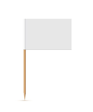 White flag on wooden toothpick. Rectangle paper topper for cake or other food isolated on white background. Blank mockup for advertising and promotions, location mark, map pointer
