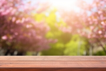 Naklejka na ściany i meble Empty wooden table in Sakura flower Park with garden bokeh background with a country outdoor theme, Generative AI