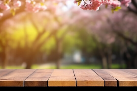 Empty wooden table in Sakura flower Park with garden bokeh background with a country outdoor theme, Generative AI