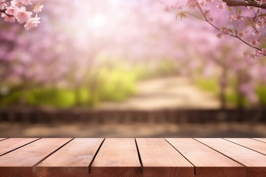Empty wooden table in Sakura flower Park with garden bokeh background with a country outdoor theme, Generative AI