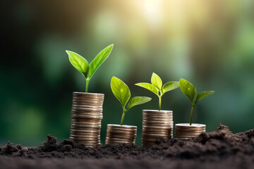 Seedling are growing on coins are stacked and the seedlings in Concept of finance And Investment of saving money or financial and business growth for profit, Generative AI