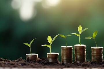 Fototapeta na wymiar Seedling are growing on coins are stacked and the seedlings in Concept of finance And Investment of saving money or financial and business growth for profit, Generative AI