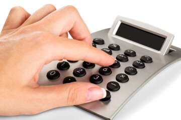 Human hand with finance a calculator with button