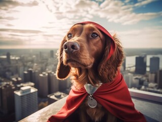 A dog wearing a superhero cape and mask, sitting on the edge of a skyscraper