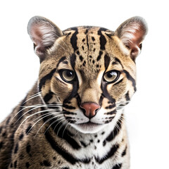 Naklejka premium Ocelot Portrait on White Background - Made with Generative AI