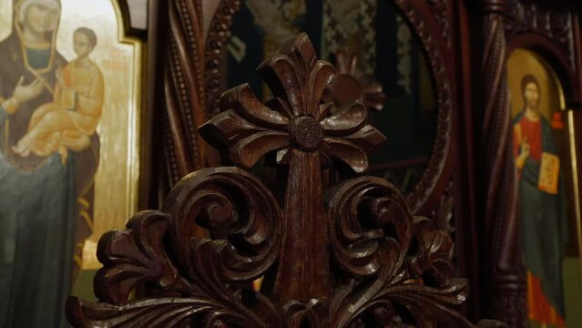 Carved wooden cross in Orthodox Church, church interior decorations