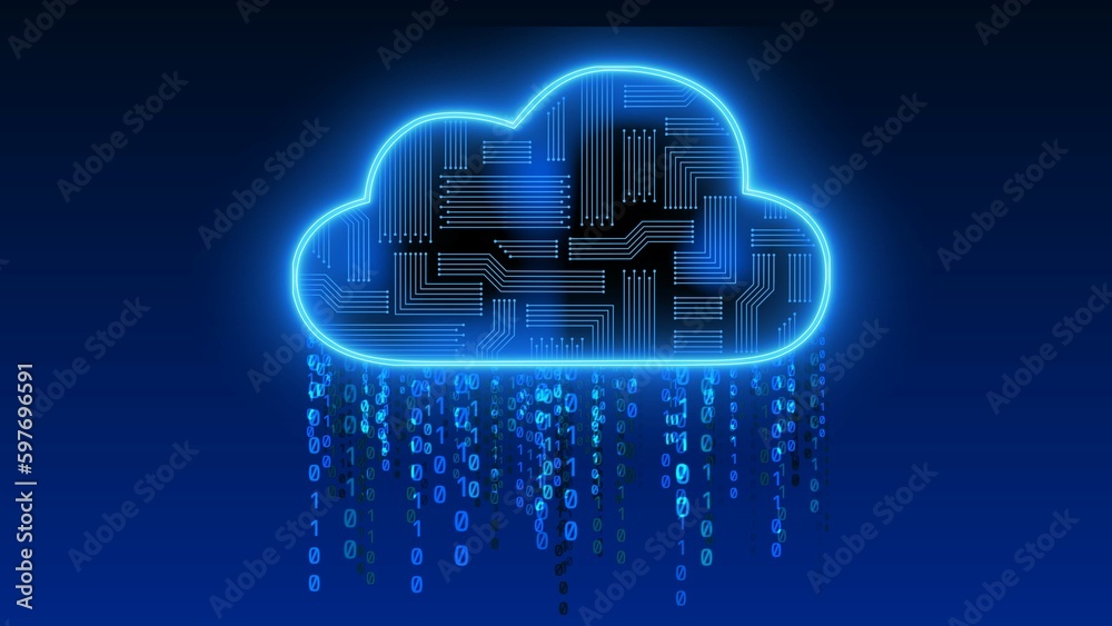 Poster cloud computing technology concept - circuit board in glowing cloud symbol, stylized rain rays of bi