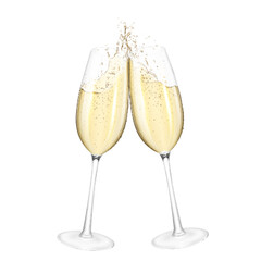 Transparent realistic two wine glasses of champagne, isolated on white. - obrazy, fototapety, plakaty