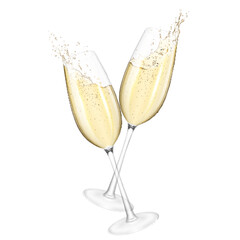 Transparent realistic two wine glasses of champagne, isolated on white.