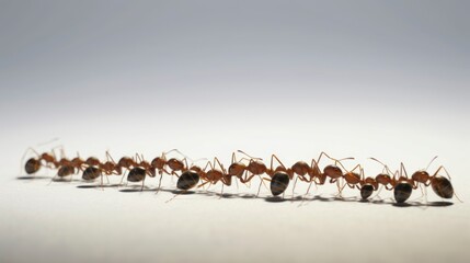 close up group of ants on ground walking following lead isolated on white background, side by side working together, generative ai