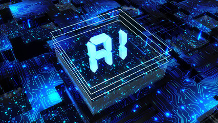 Artificial Intelligence, AI - abstract processor on printed circuit board, computer digital chip, technology conzept - 3D Illustration