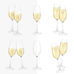 Set of Transparent realistic wine glasses of champagne, isolated.