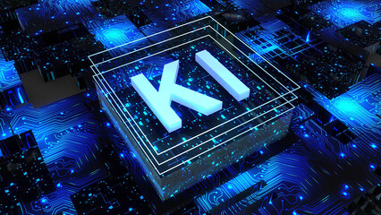 Artificial Intelligence (in german Kuenstliche Intelligenz), KI - abstract processor on printed circuit board, computer digital chip, technology conzept - 3D Illustration