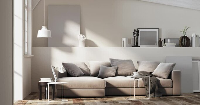 3d illustration of a white living room with gray sofa. Soft camera movement animation.