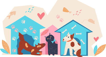 Animals shelter banner or poster template with dogs and cats. Pets adoption and money donation for animals shelter.