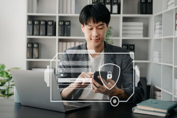 Cyber security concept, Login, User, identification information security and encryption, secure access to user's personal information woman using smart phone and tablet